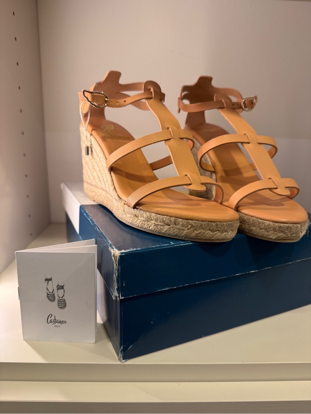 Castaner Peach-Tan Leather Espadrille Wedge Sandals